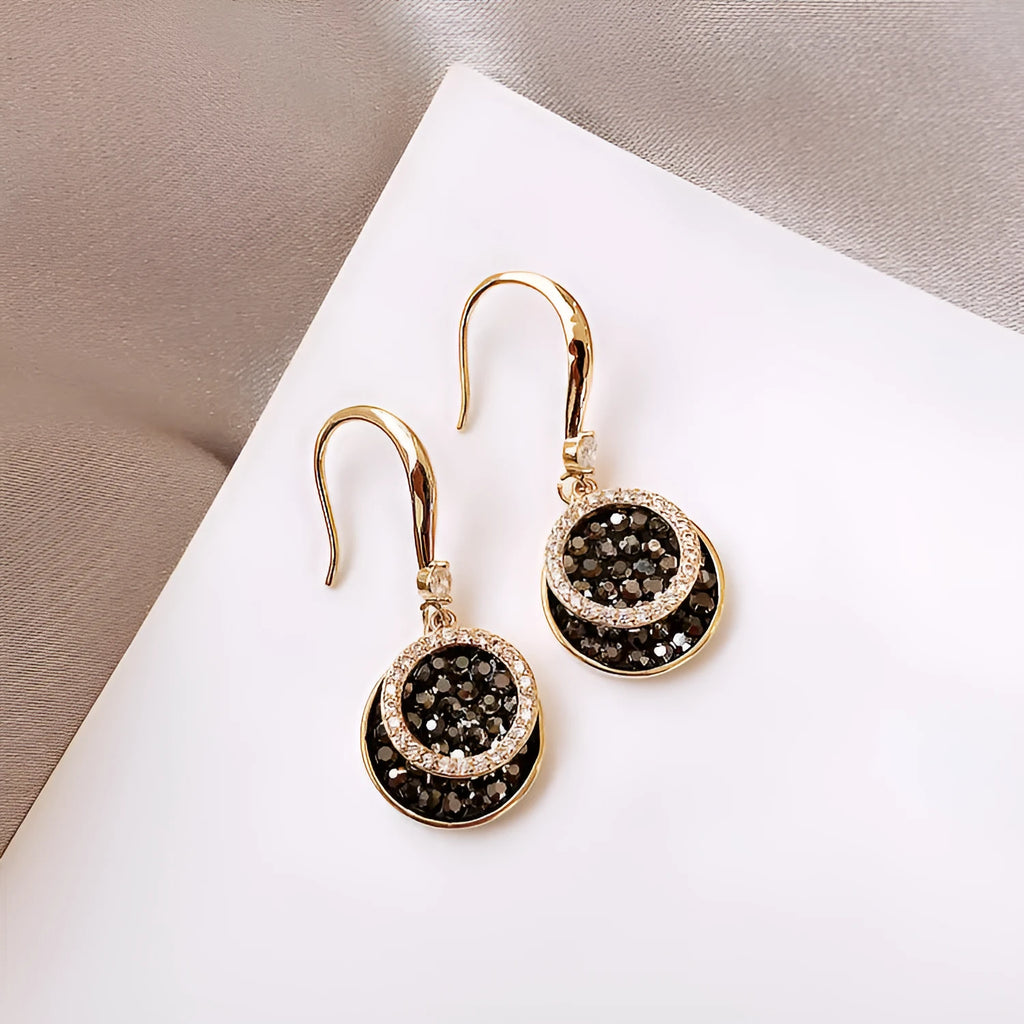 Black geometric round alloy earrings with retro Hong Kong style, showing 3.6cm drop length.