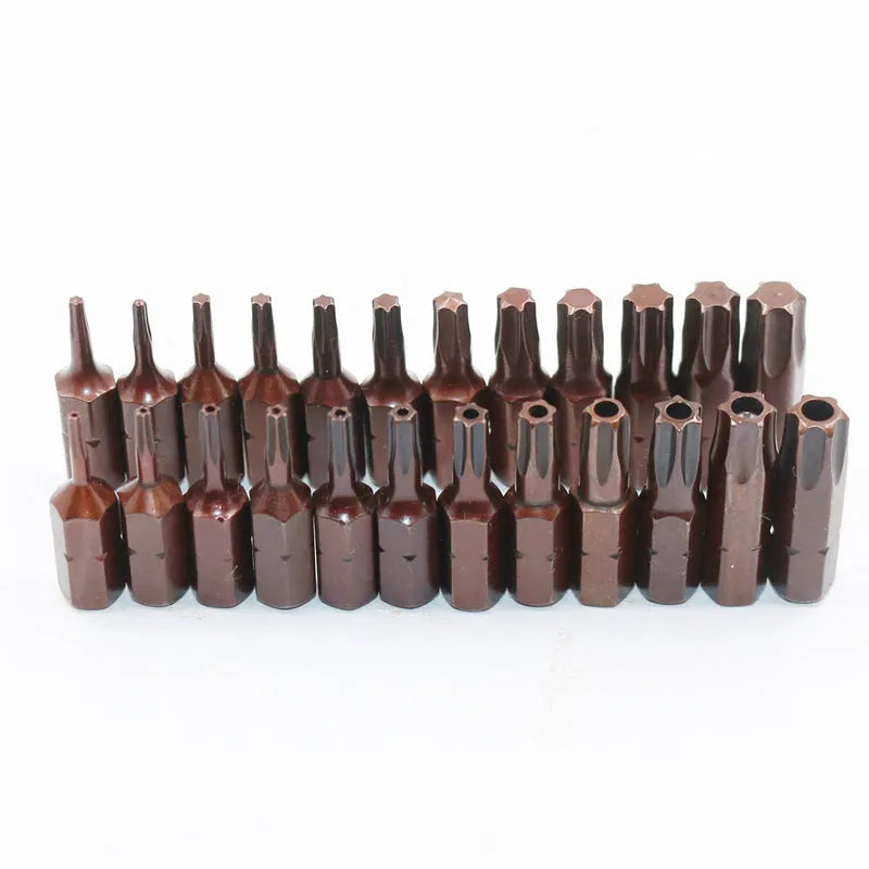 Black steel screwdriver bit set showing T6 to T40 sizes with magnetic tip and hexagon shank