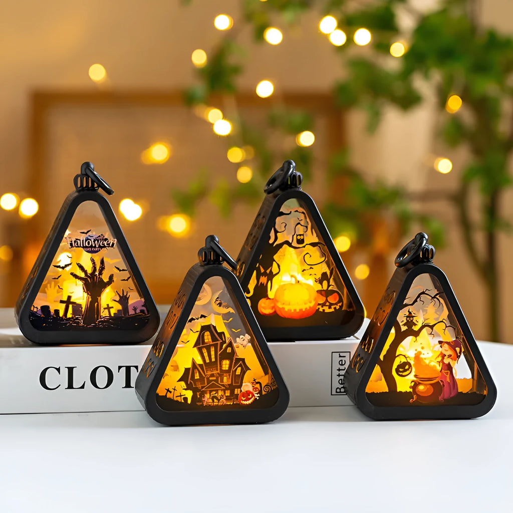 Compact portable Halloween pumpkin lamp decoration in plastic and glass.