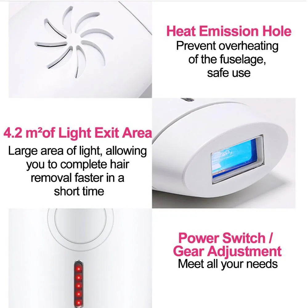 White home laser hair removal instrument unit showing compact handheld design and control panel.