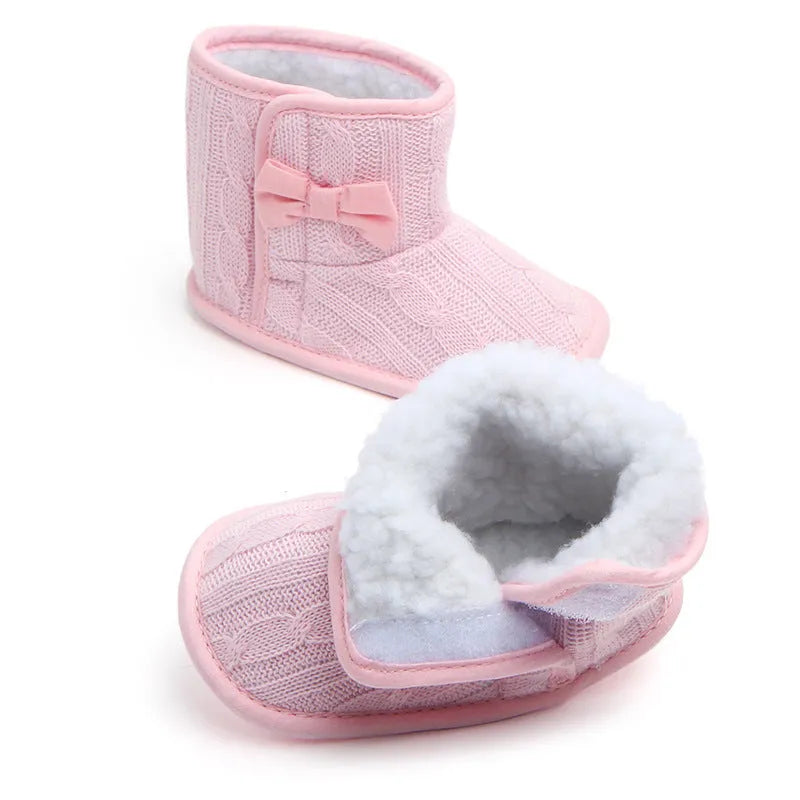 Wool knitted winter baby toddler shoes with bowknot in coffee colour 11cm sole