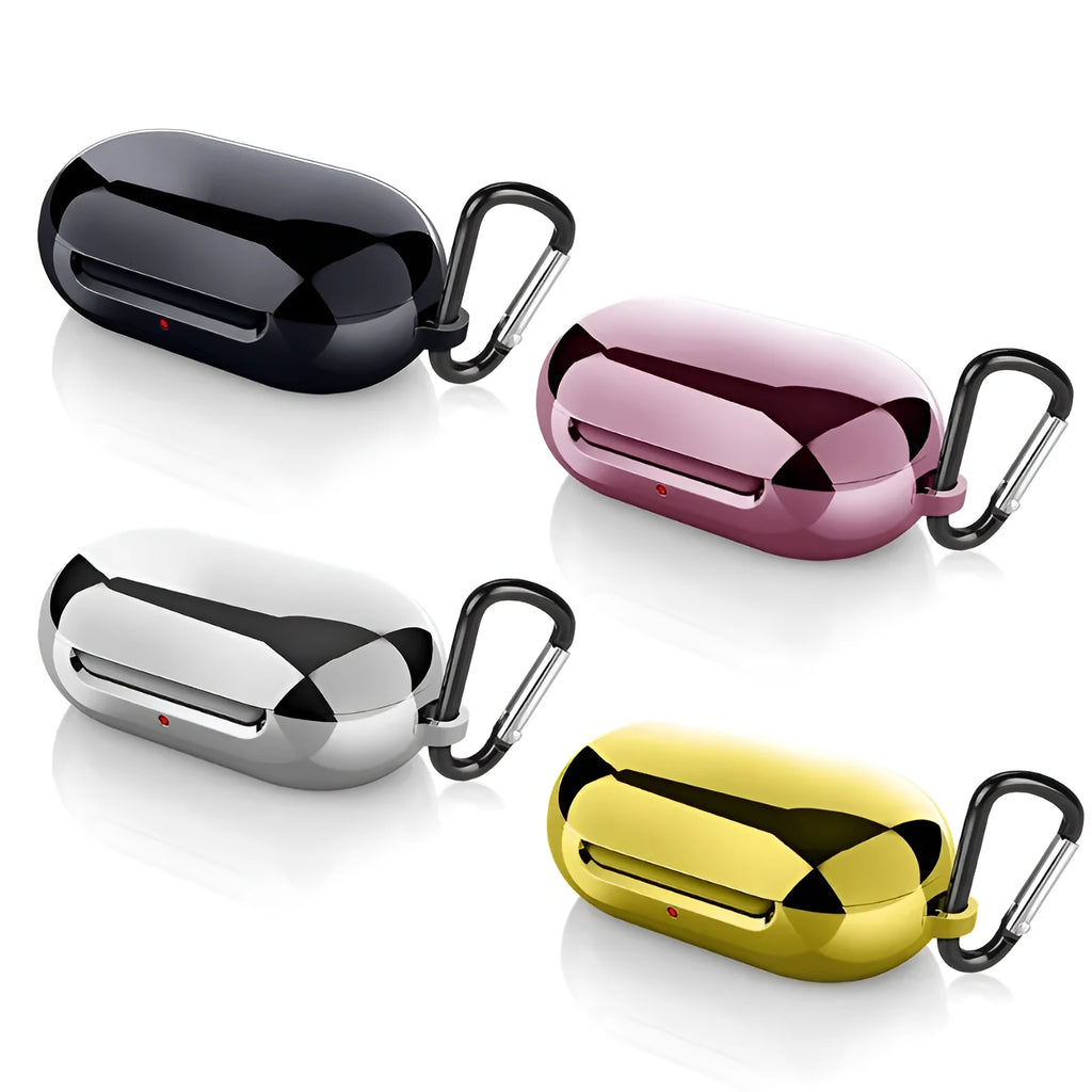Samsung Galaxy Buds silicone protective case in Black, Gold, Pink, and Silver colour options.