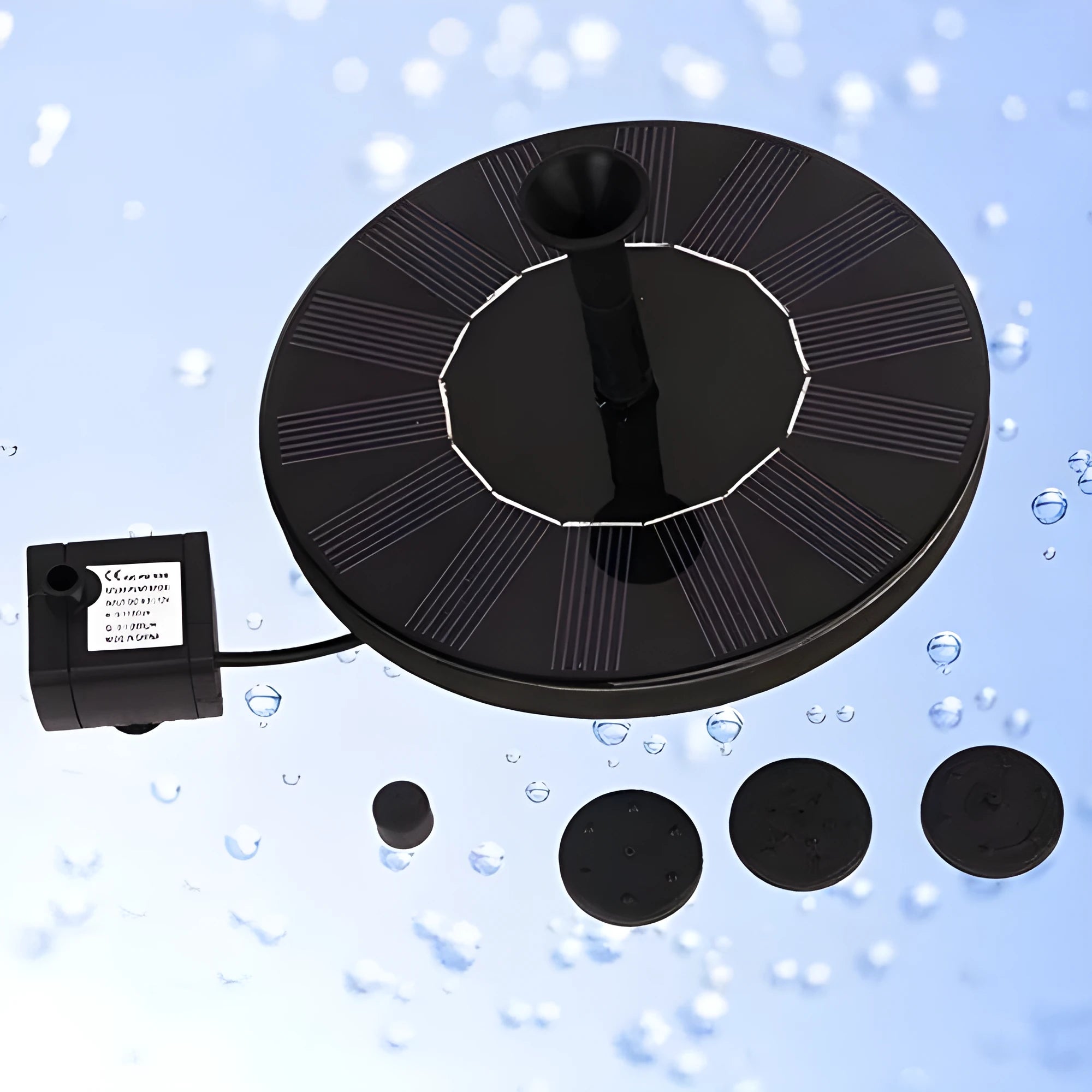 Round solar fountain pump with solar panel for garden water features