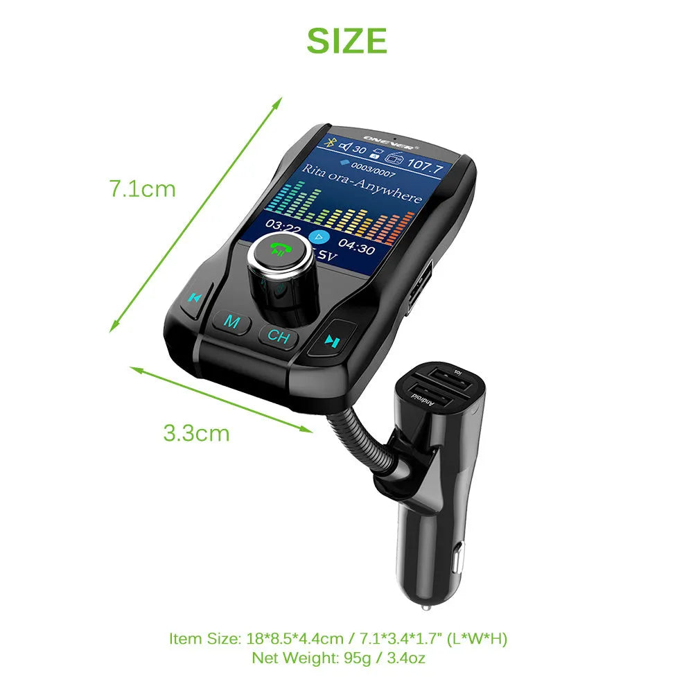 Black car Bluetooth FM transmitter with colour screen and dual USB ports plugged into a vehicle power socket.