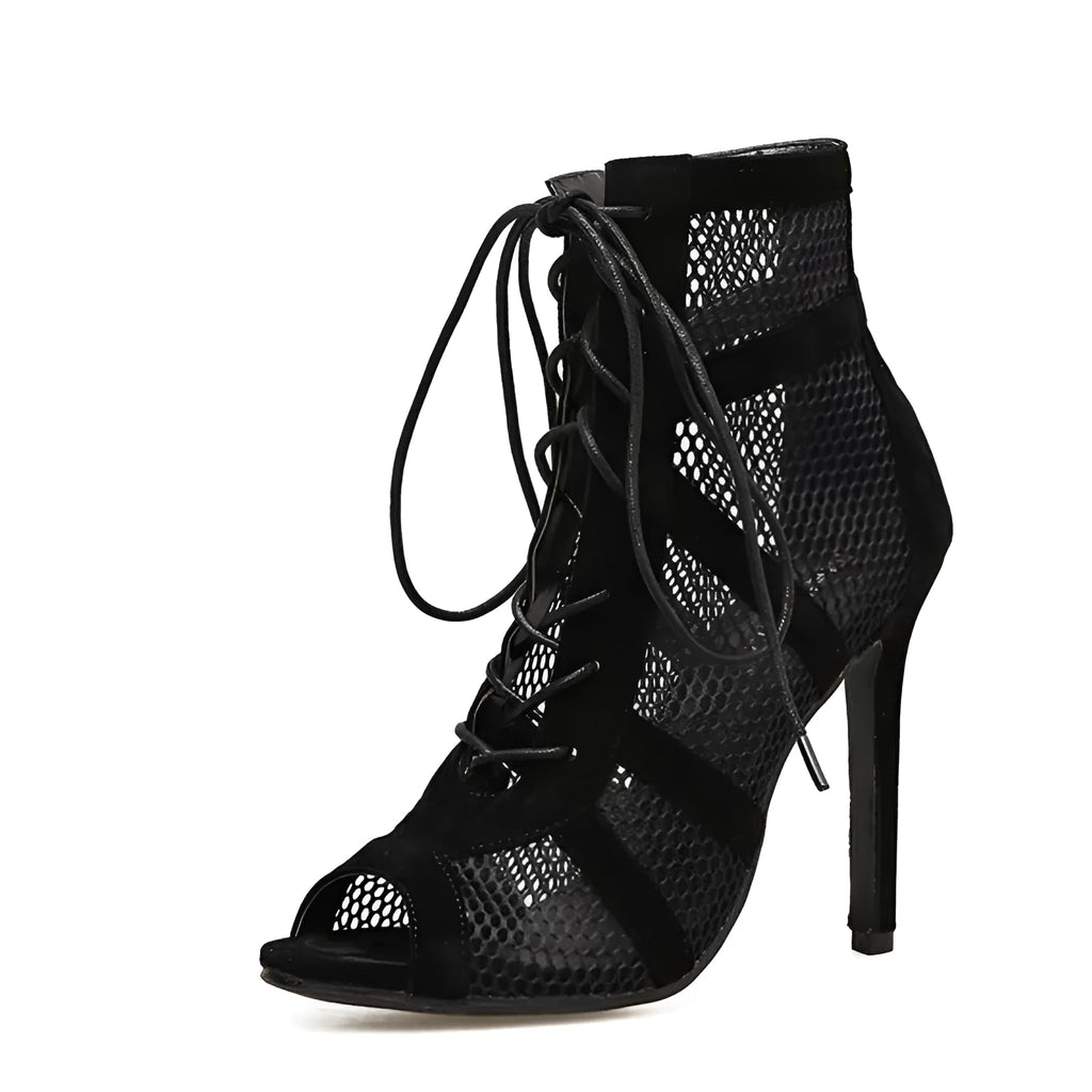 Black suede women's lace-up high heel shoes with an 11.5cm heel and 1cm platform.