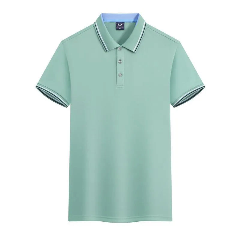 Slim fit ice silk polo shirt in blue grey colour with short sleeves on a hanger