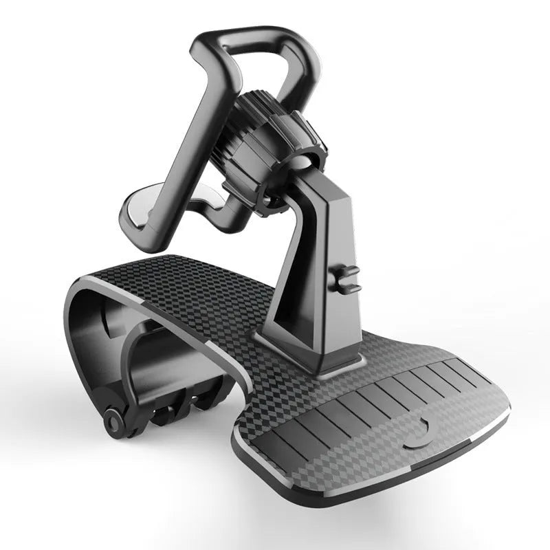 Black 360-degree rotating adjustable car phone holder mounted on a dashboard