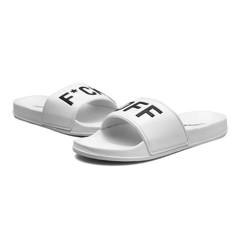 Men's large black and white open-toe personalised slippers with rubber soles on a plain background.