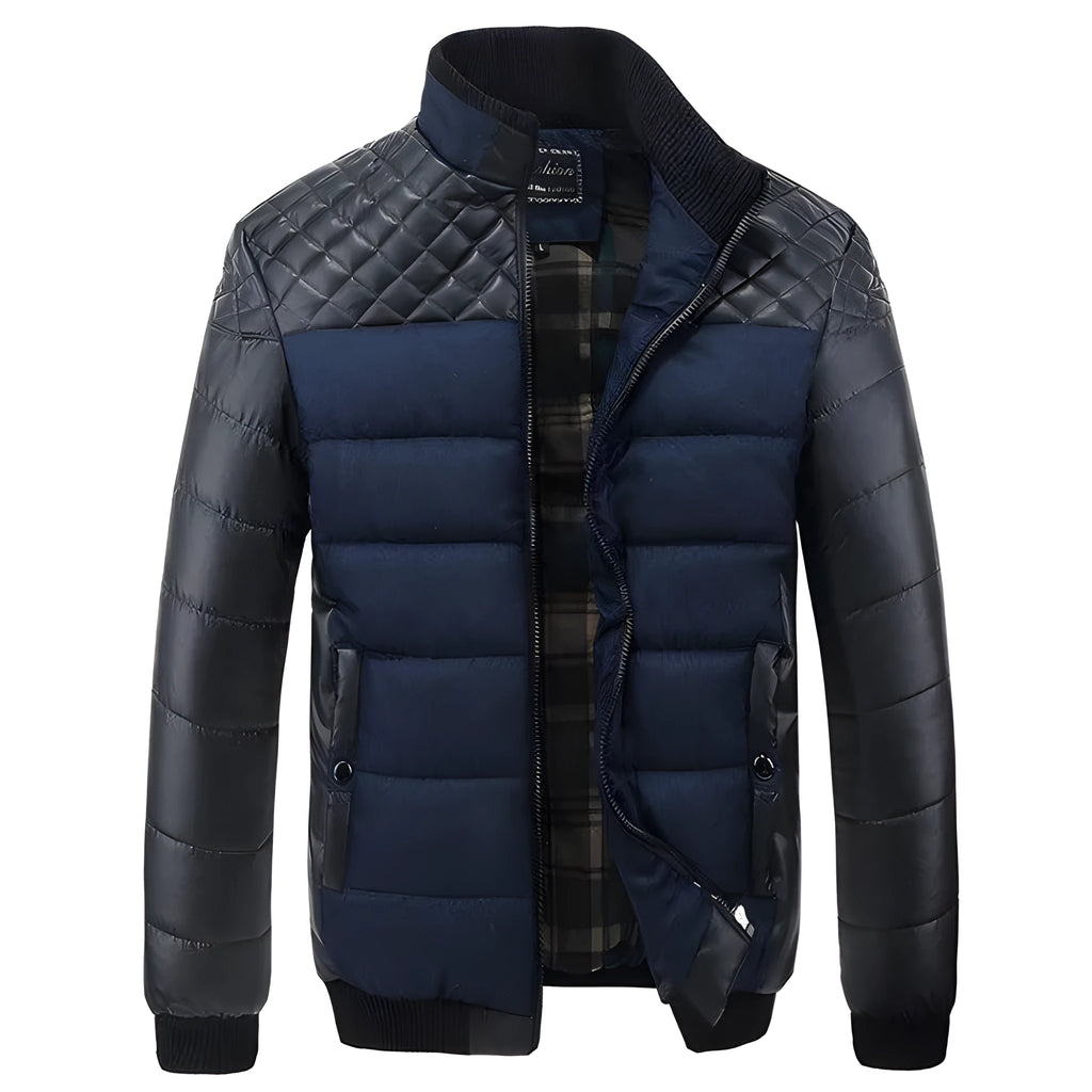 Men's winter jacket 4XL PU patchwork self-cultivation collar cotton broadcloth slim fit zipper closure blue colour