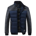 Men's winter jacket 4XL PU patchwork self-cultivation collar cotton broadcloth slim fit zipper closure blue colour