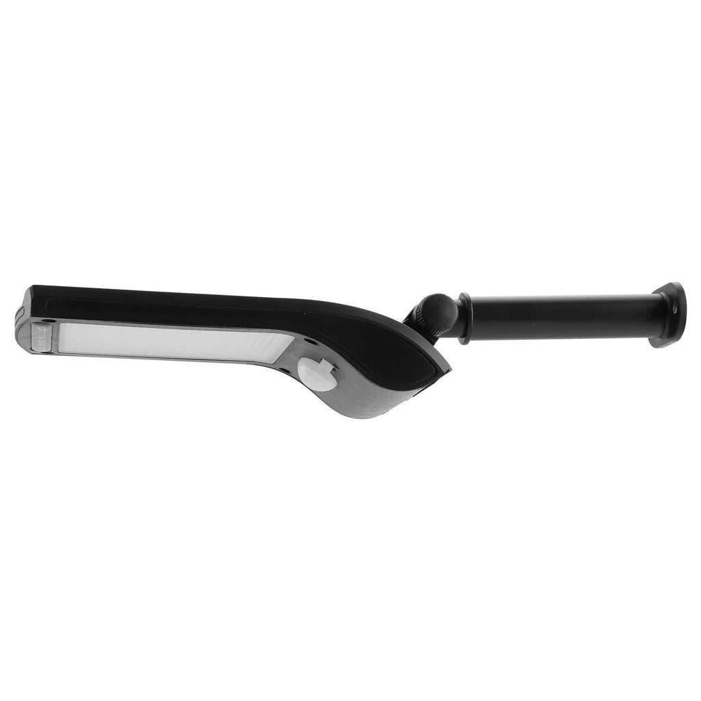 Black 36 LED solar-powered outdoor wall light with motion sensor and adjustable pole on a wall.