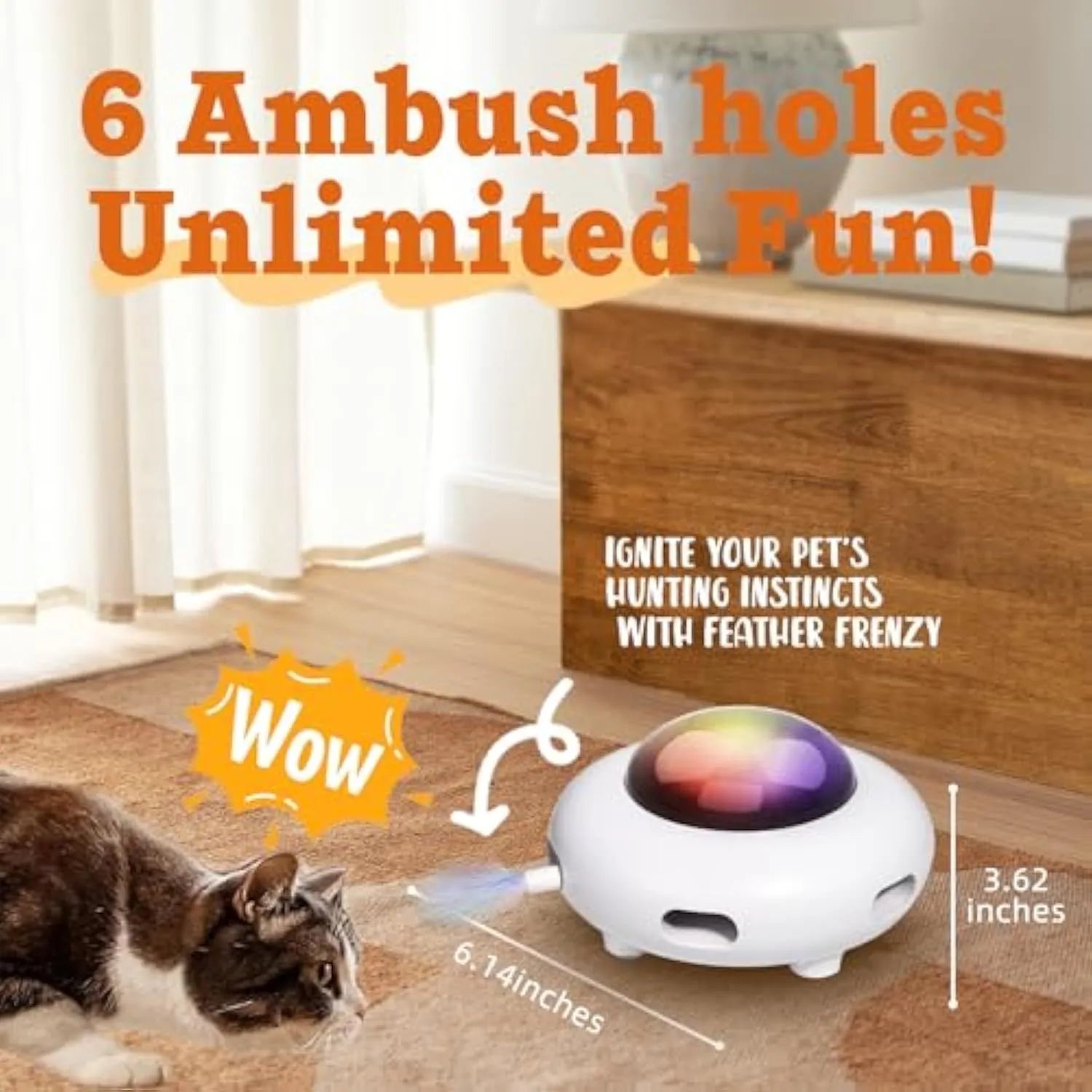 White USB rechargeable interactive cat toy with moving colourful feathers and LED lights