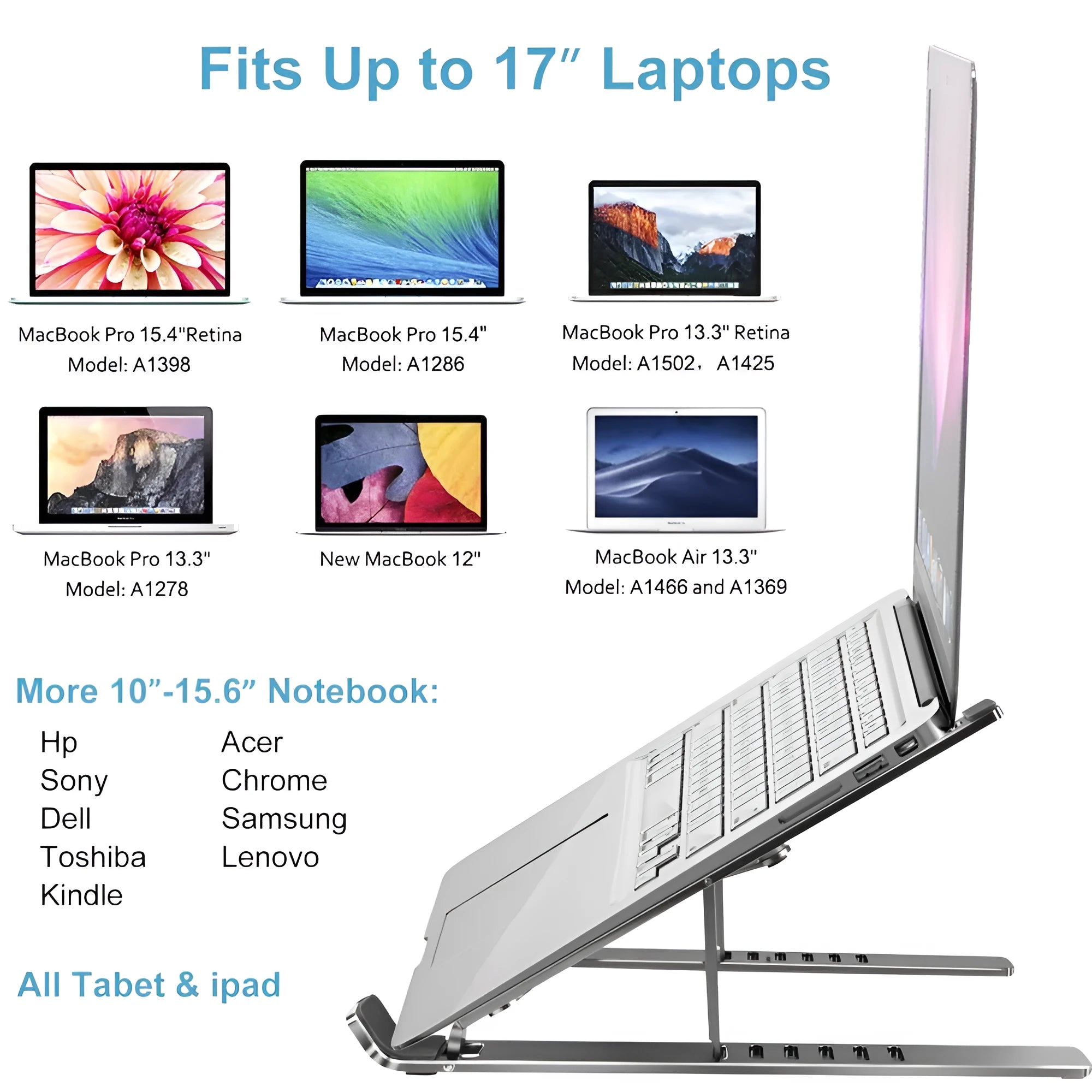 Silver aluminium laptop stand folded to 247x210x65.94mm with six-gear height adjustment mechanism