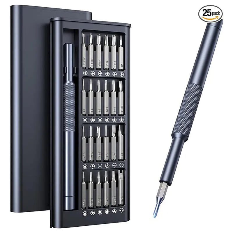 25-in-one magnetic screwdriver set with chrome vanadium steel bits and black ABS handle.