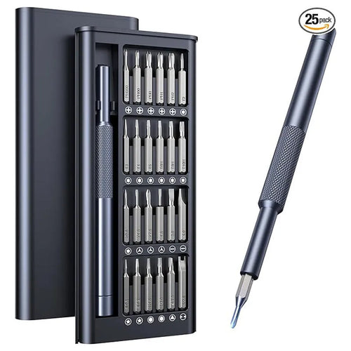 25-in-one magnetic screwdriver set with chrome vanadium steel bits and black ABS handle.