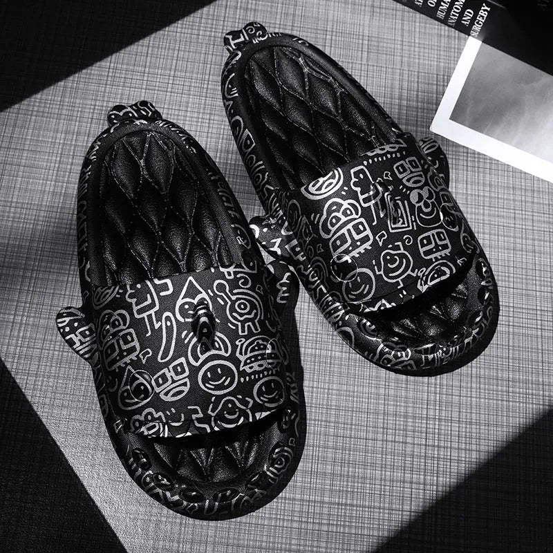 Pair of grey EVA open-toe slippers featuring a large raised shark design on the upper.