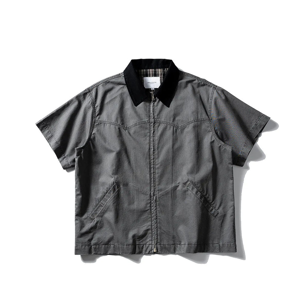 Short-sleeve cotton shirt overalls in a loose cardigan style, shown in khaki and grey colours.