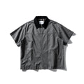 Short-sleeve cotton shirt overalls in a loose cardigan style, shown in khaki and grey colours.