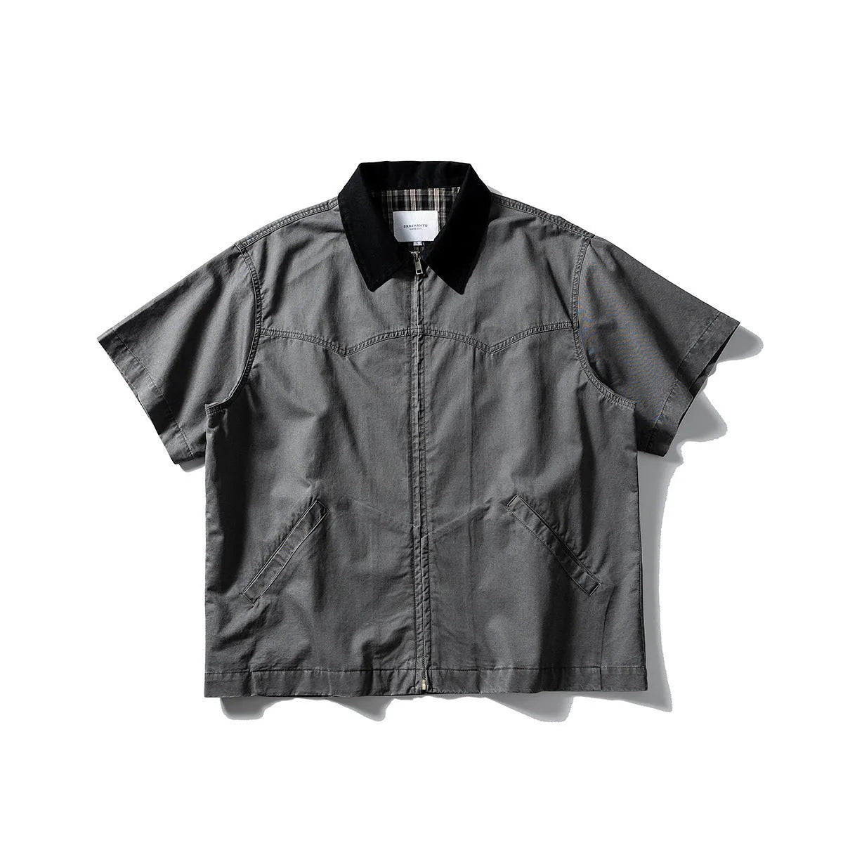 Short-sleeve cotton shirt overalls in a loose cardigan style, shown in khaki and grey colours.