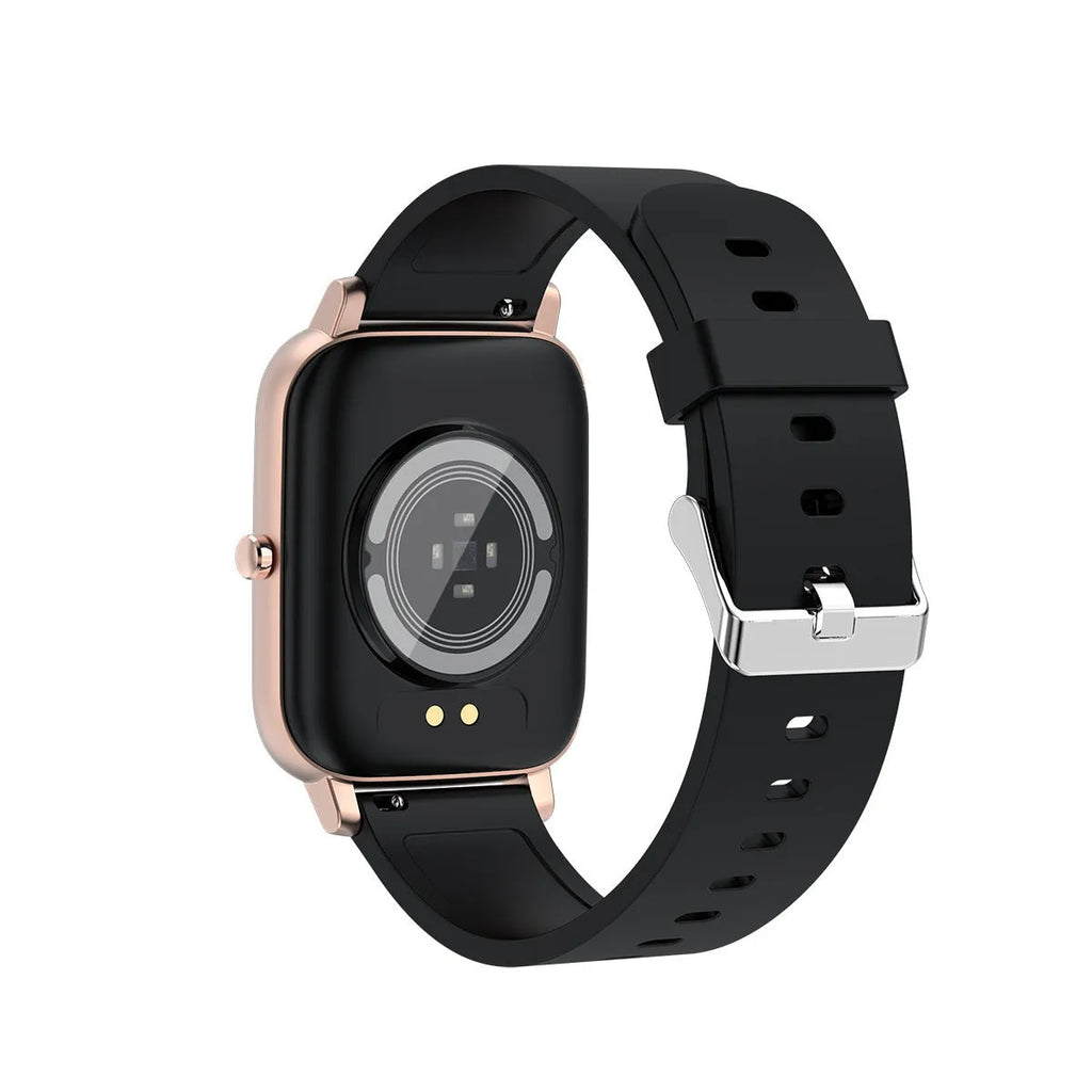 H80 black smart watch with 1.69-inch screen on a silicone strap, displaying ECG and heart rate data