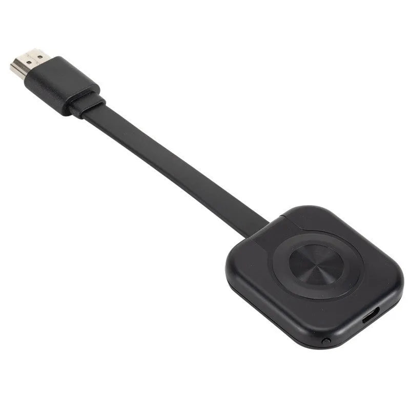 Compact wireless HDMI transmitter for screen mirroring with mobile phones, shown with data cable.