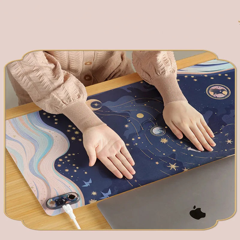 Desktop electric heating pad with patterned PVC leather surface on a wooden desk, plugged into 220V outlet.