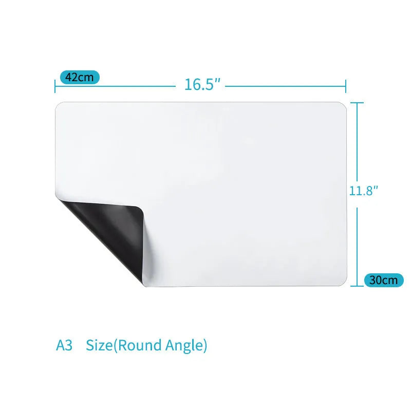 A3 flexible magnetic whiteboard with rounded corners on a refrigerator door