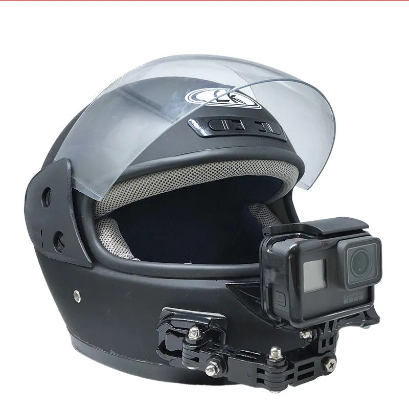 Black camera bracket mounted on a motorcycle helmet, made of ABS and stainless steel