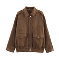 Suede jacket with pocket decoration in brown, loose long sleeve style