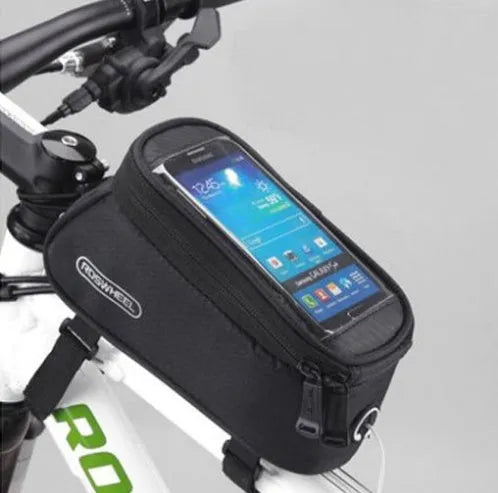 ROSWHEEL PVC bicycle frame bag phone holder for iPhone in black, mounted on bike handlebars.