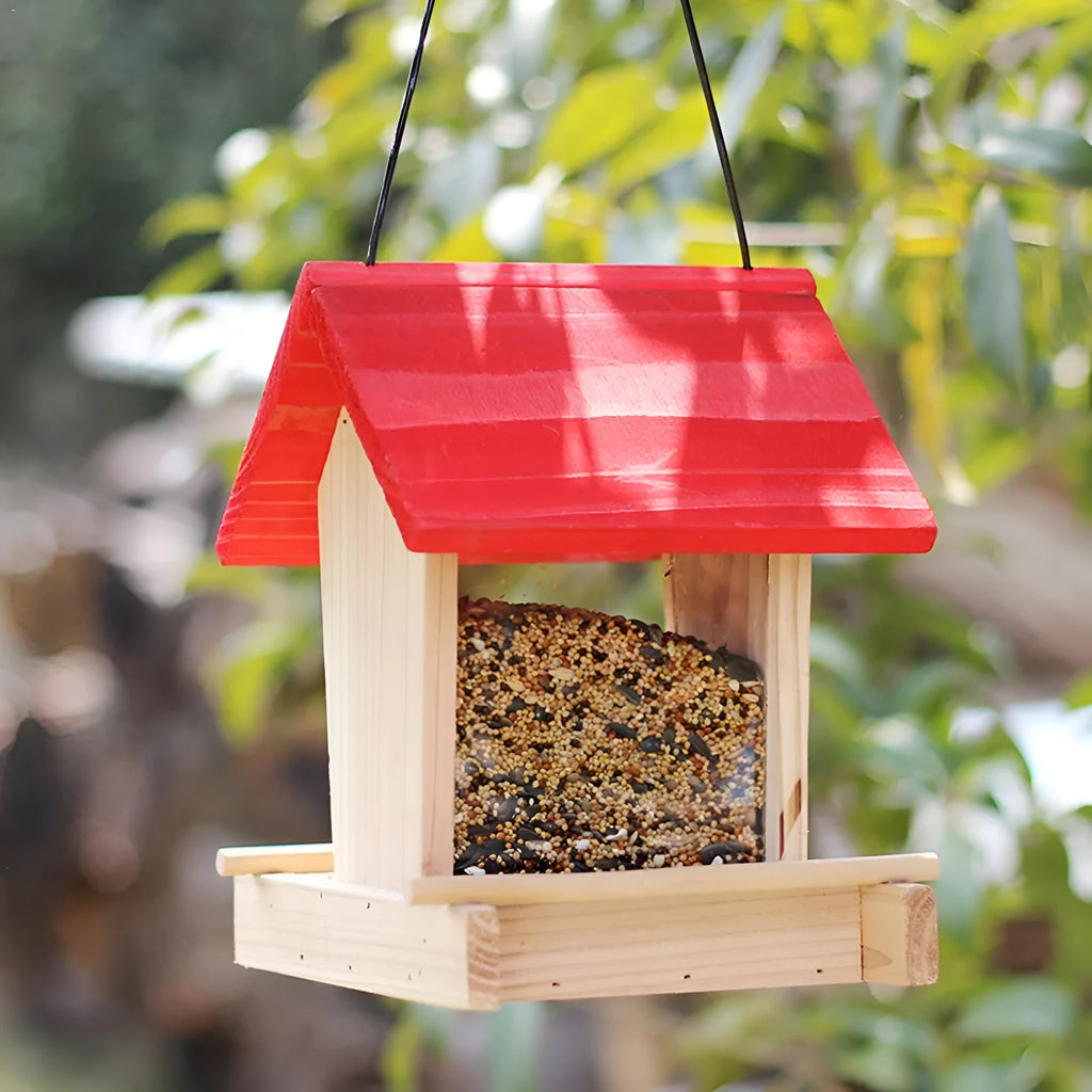 Suspended rain-proof bird feeder with red roof and log texture design