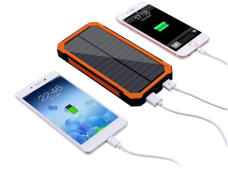 Solar power bank in orange, green, black or yellow with polymer lithium battery and compact plastic housing