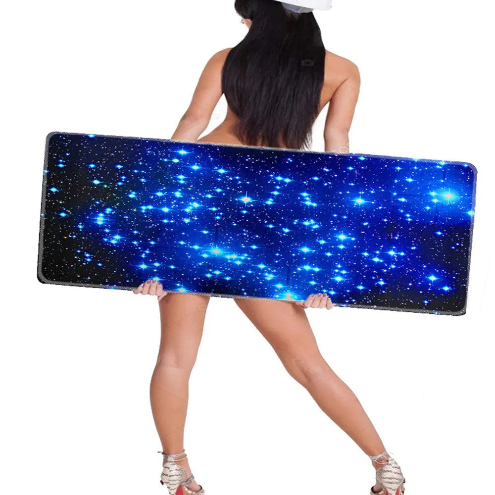 Blue star mouse pad with high-density fabric surface and natural rubber anti-skid base on a desk