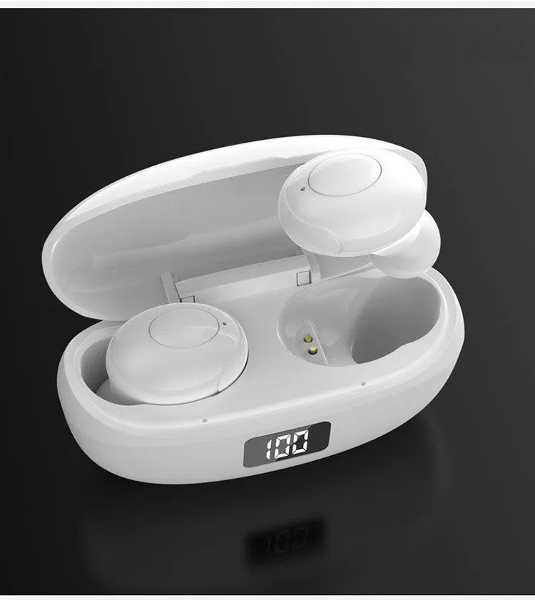 Black and white wireless Bluetooth in-ear headphones with a USB Type-C charging case