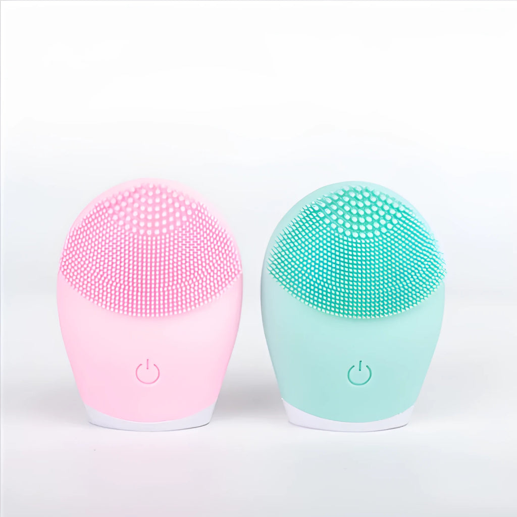 Electric ultrasonic silicone facial cleanser in pink with compact 8.2cm size, single gear, USB cable included