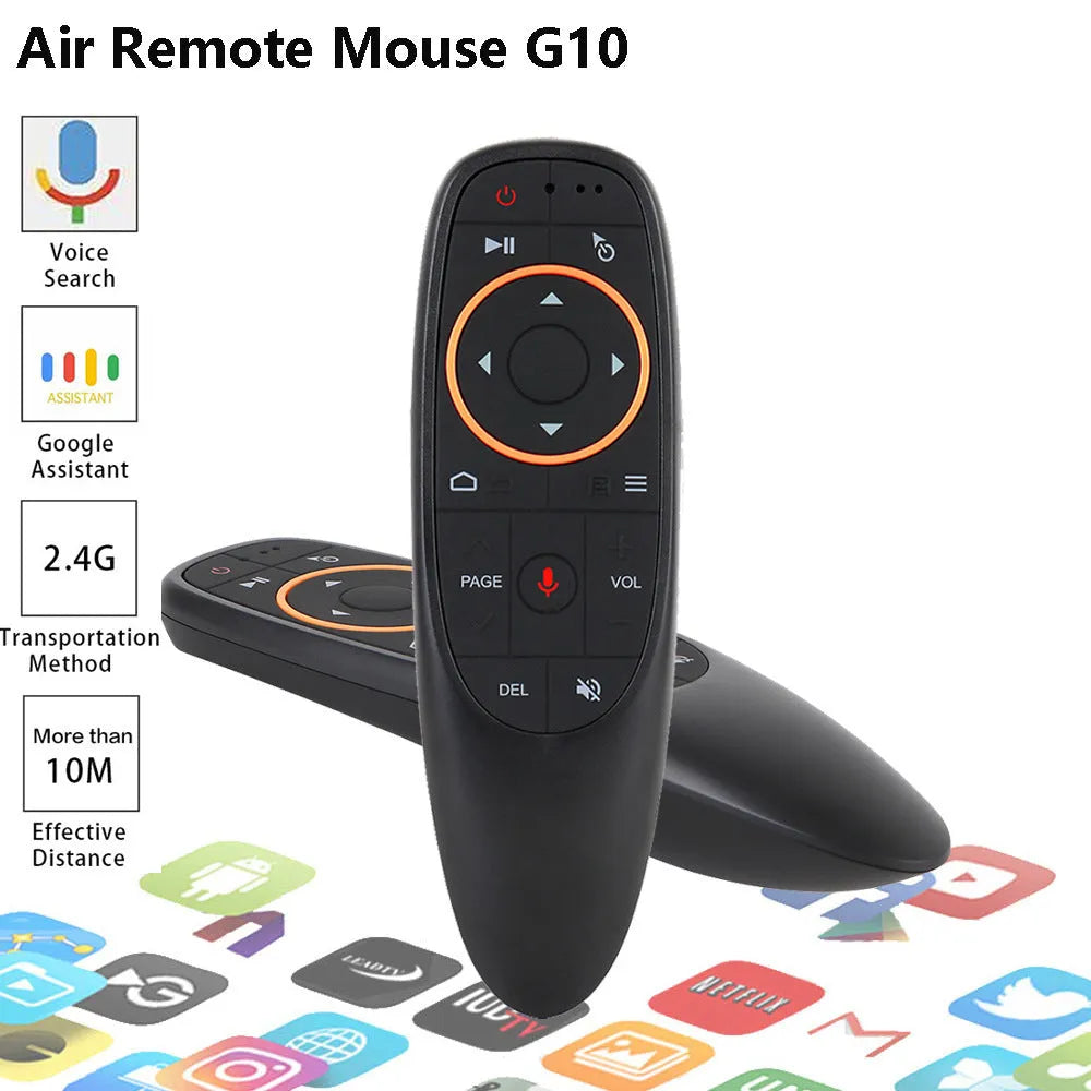 G10 G10S Pro intelligent voice remote control with plastic shell and silicone buttons on a dark surface.