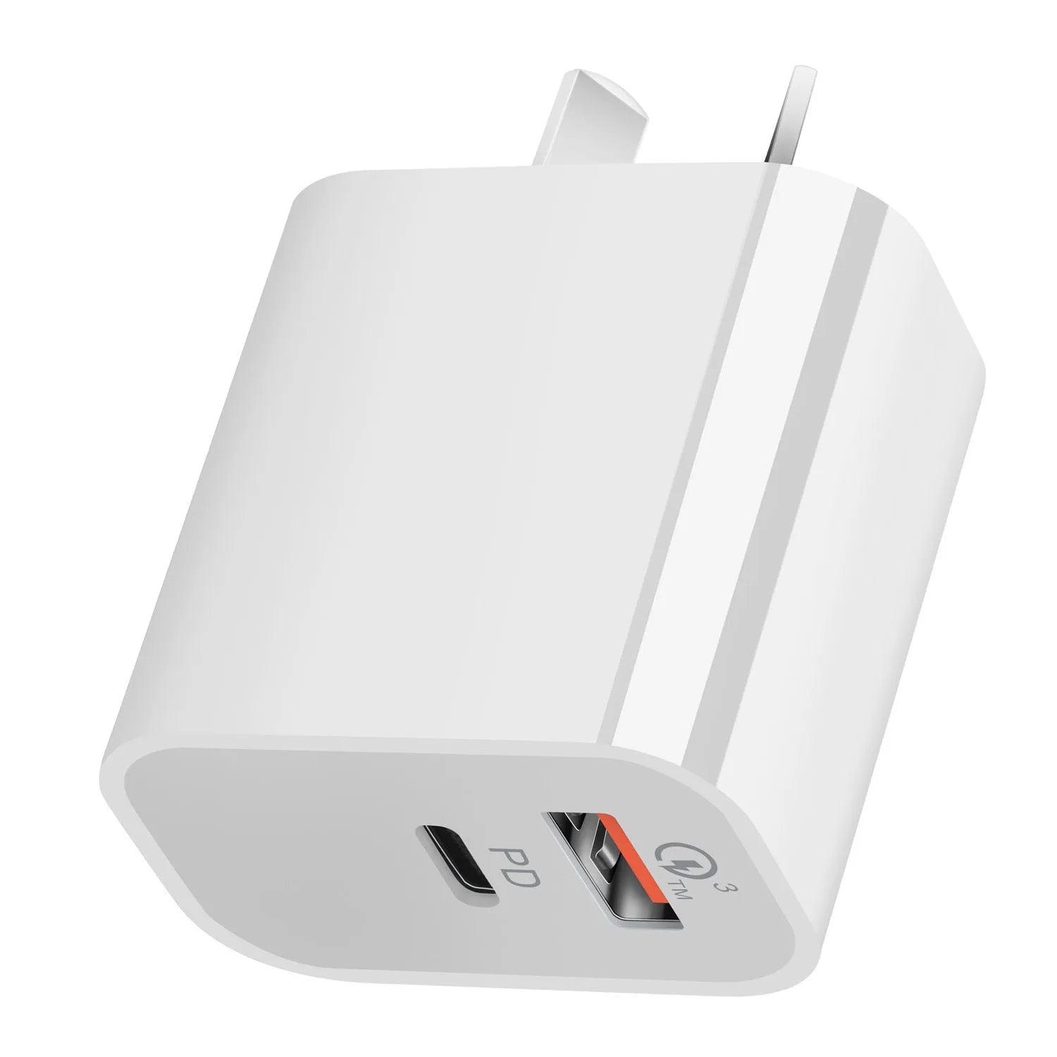White Australian dual port USB wall charger with Type-A and Type-C ports on a white background.