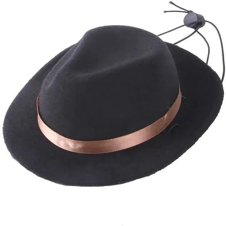 Small wool felt pet hat in pink, black, brown, or red colours with denim style trim and hairpin attachment