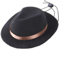 Small wool felt pet hat in pink, black, brown, or red colours with denim style trim and hairpin attachment
