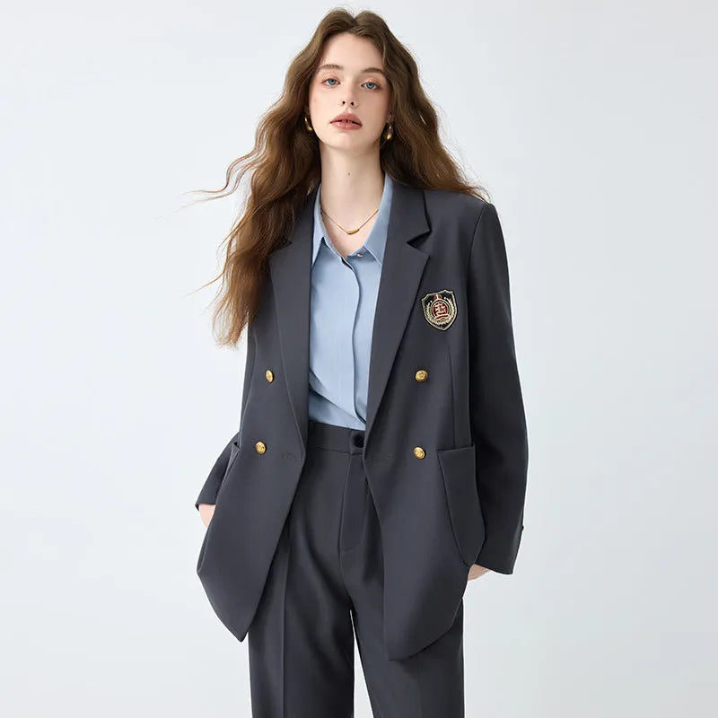 Women's black casual blazer set with long sleeves, solid colour polyester fabric, and matching trousers