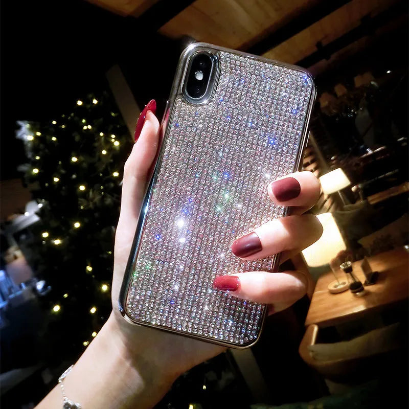 Silver full diamond silicone phone case with crystal rhinestones for iPhone models