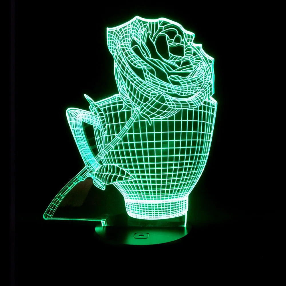 3D Rose Flower Night Light in black finish showing laser-engraved design glowing in purple light, with remote control.