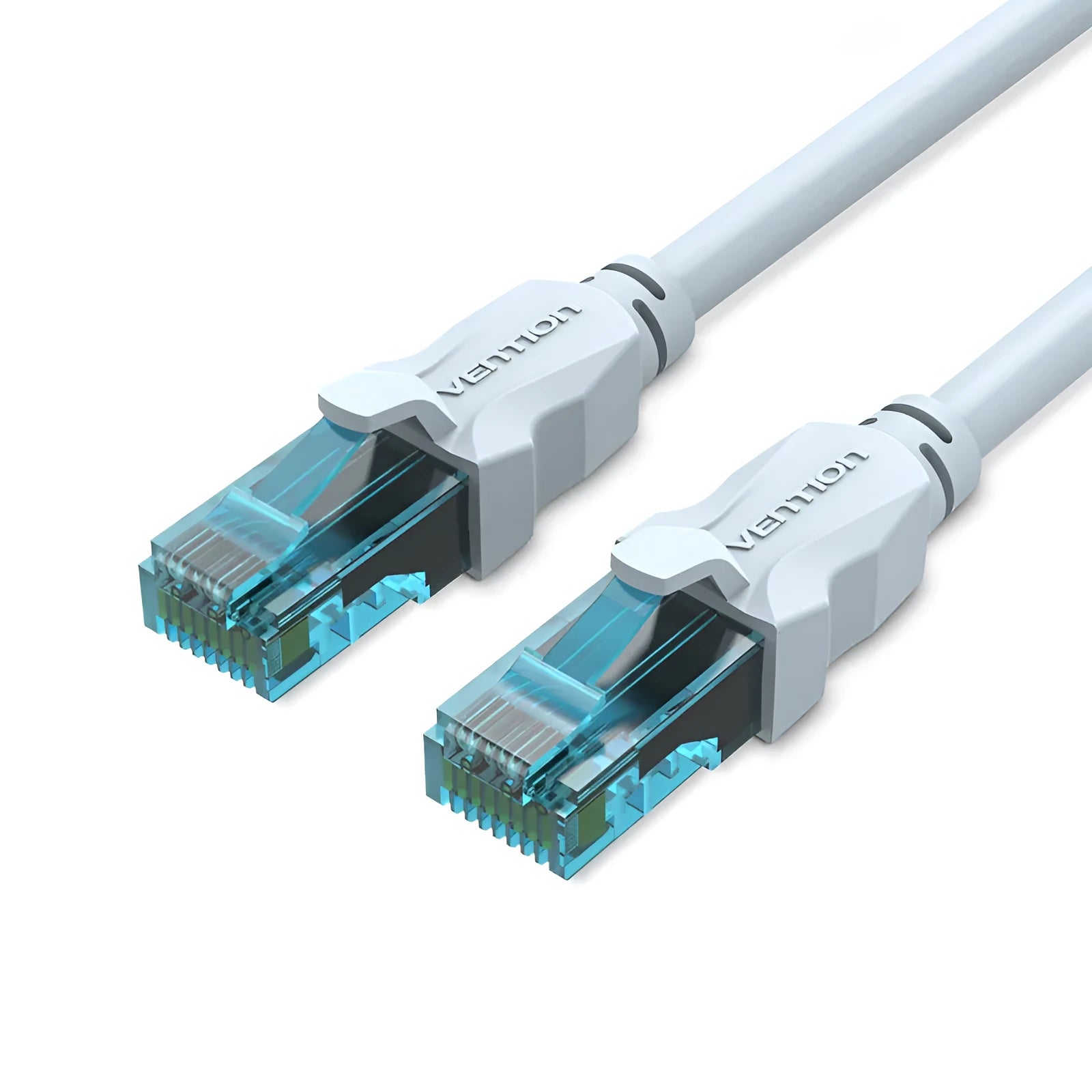 Ice blue CAT5e network cable with gold-plated RJ45 connectors on a light background