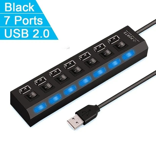 Black and white USB switch hub showing 4-port and 7-port configurations for notebook computer connectivity