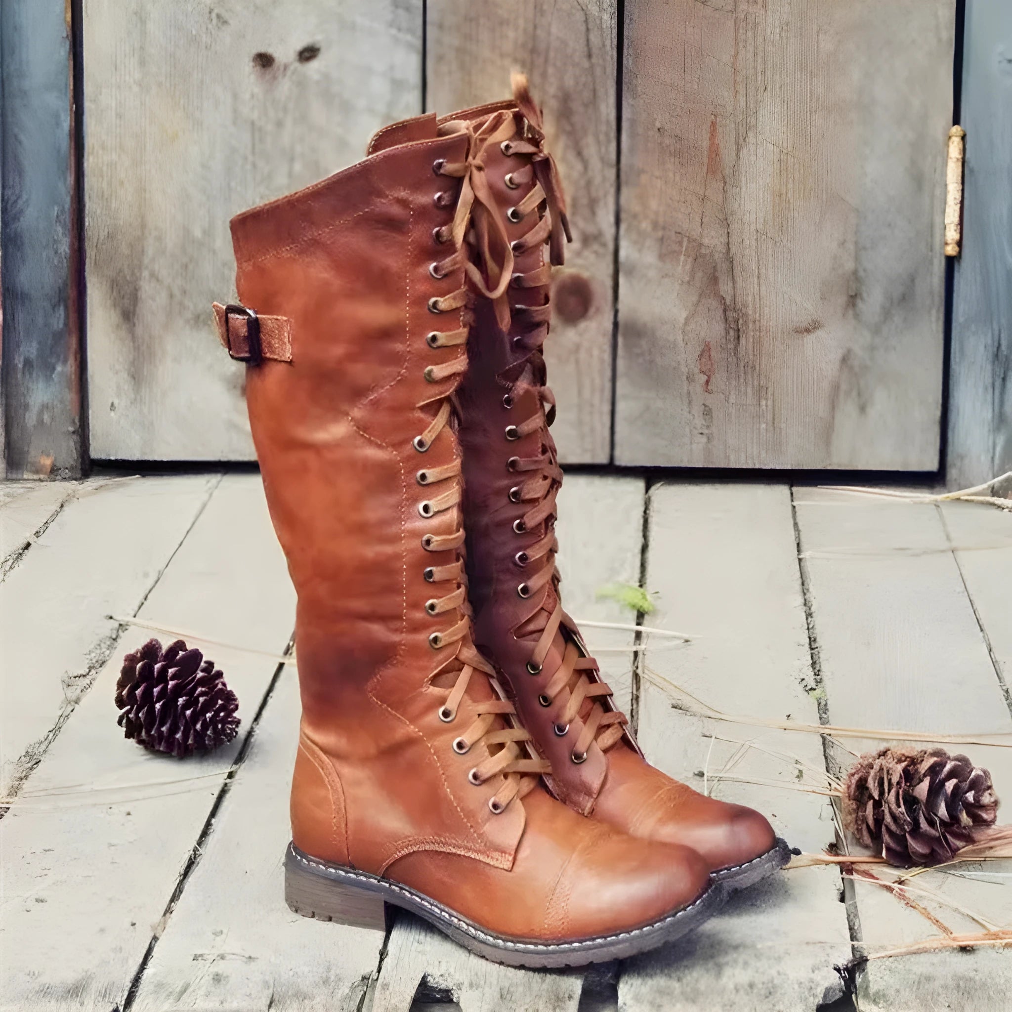 Women's black chunky heel high-leg boots with a round toe and low rubber sole.