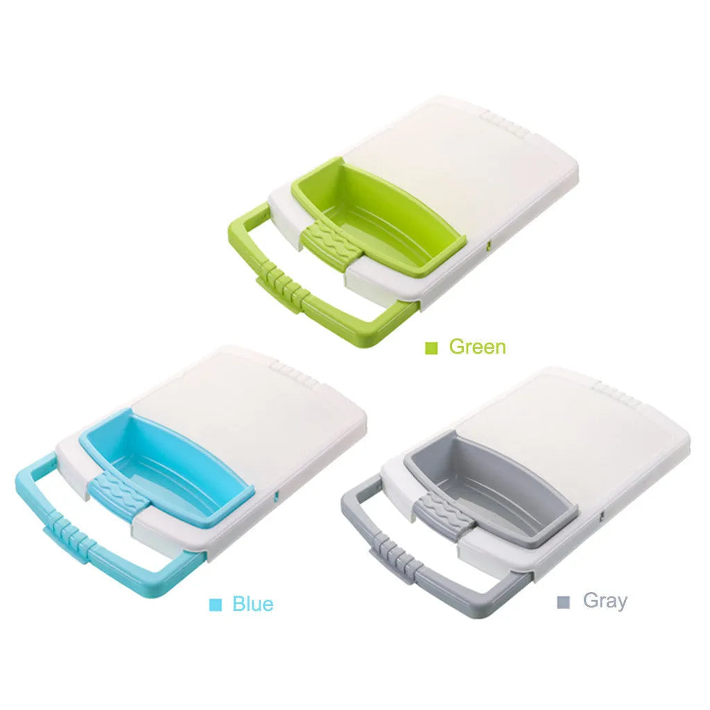 Green multi-function cutting board with draining holes mounted on kitchen sink for vegetable preparation