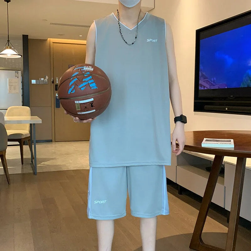 Men's basketball sports suit set showing sleeveless vest and matching shorts in polyester fabric
