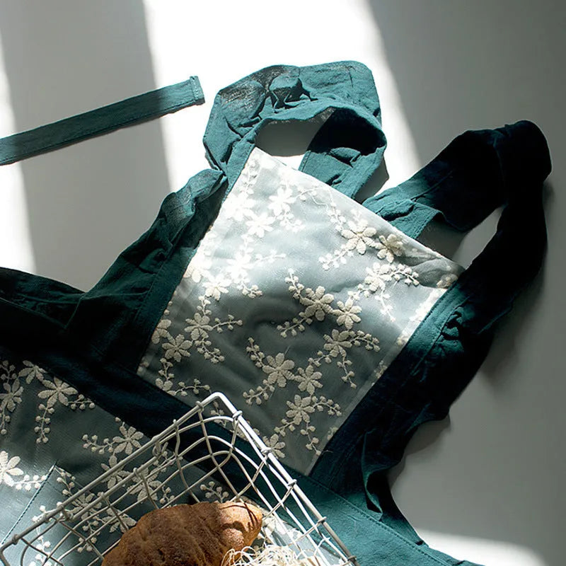 Cotton linen kitchen apron with lace X-strap in solid colour options