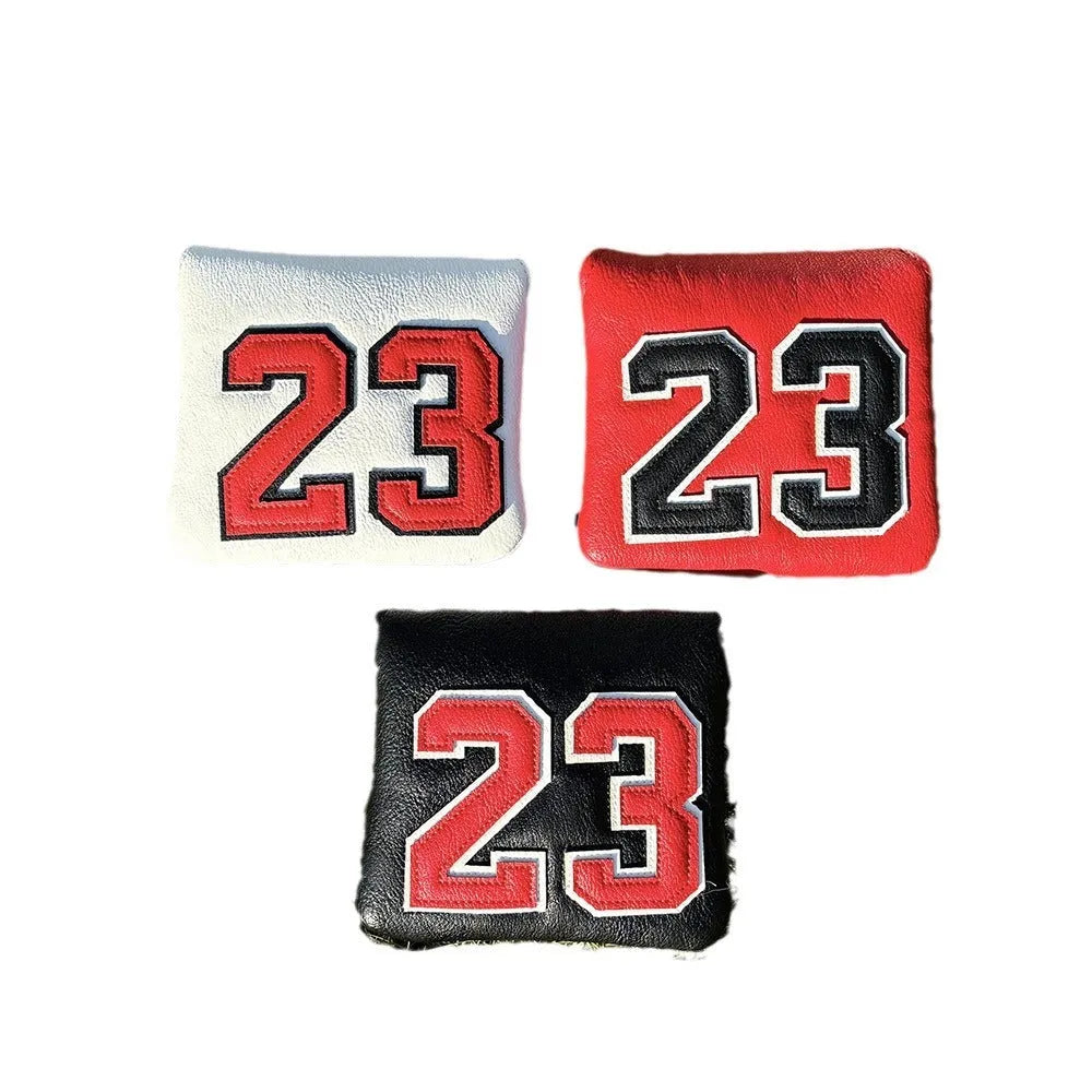 Set of four PU golf club headcovers including a square putter cover and chicken drumstick wood covers