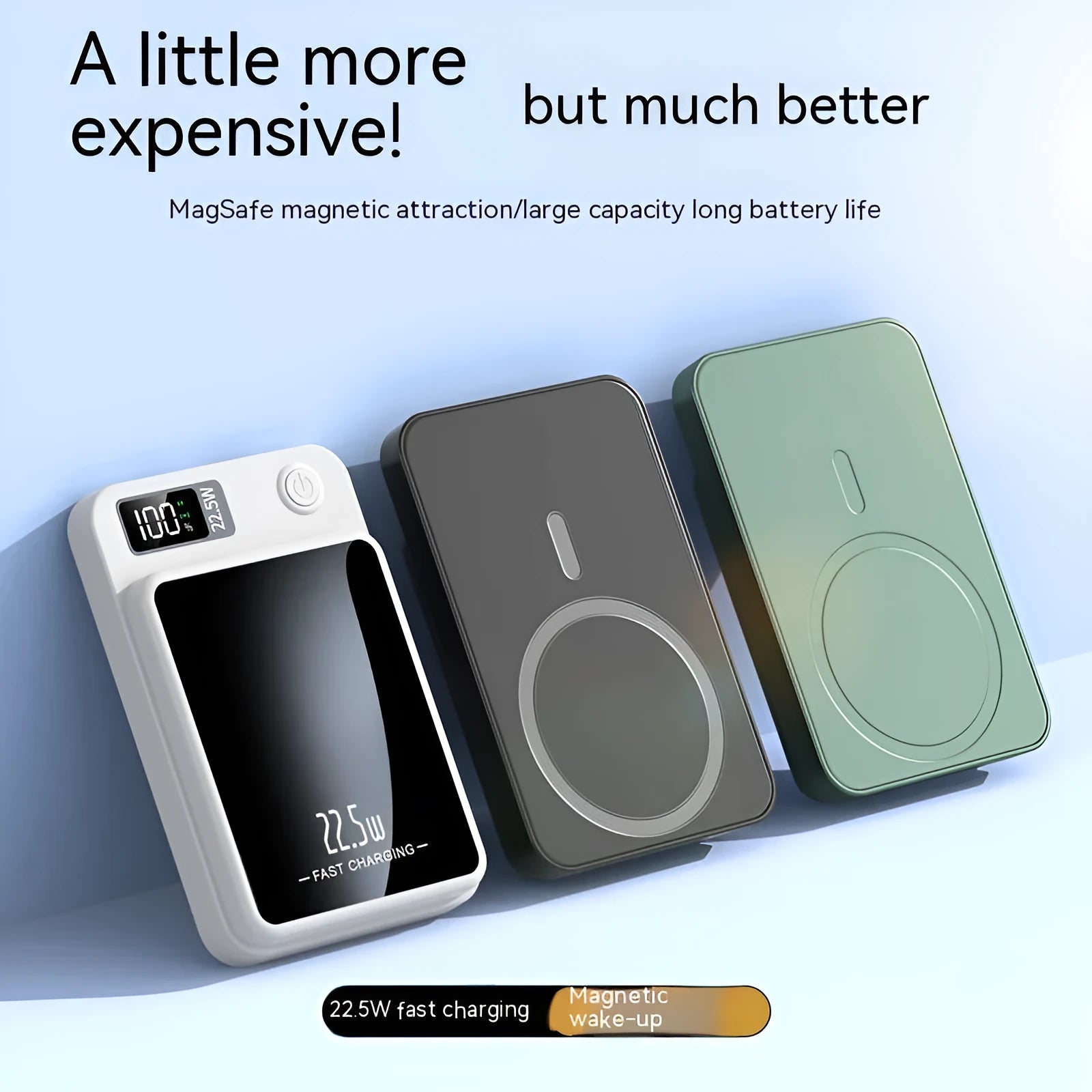Wireless power bank in black, white, purple, or green with Magsafe charging surface.